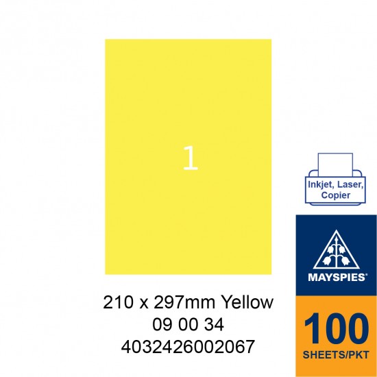 MAYSPIES 09 00 34 LABEL FOR INKJET / LASER / COPIER 100 SHEETS/PKT YELLOW 210 X 297MM